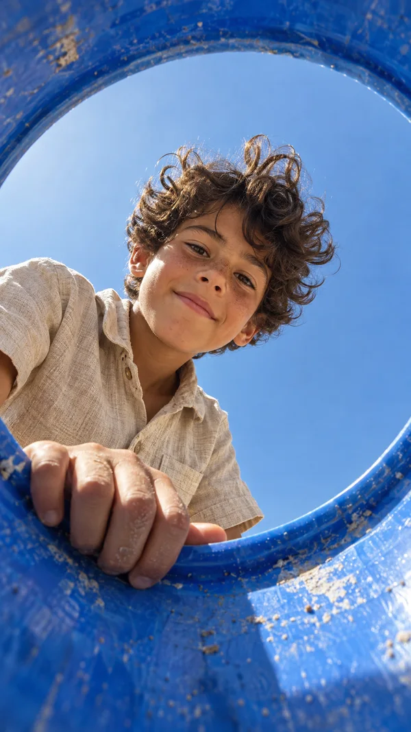 A curly-haired child in a light linen shirt leans over the scratched rim of a cobalt-blue beach bucket, looking down toward the camera against a clear blue sky.