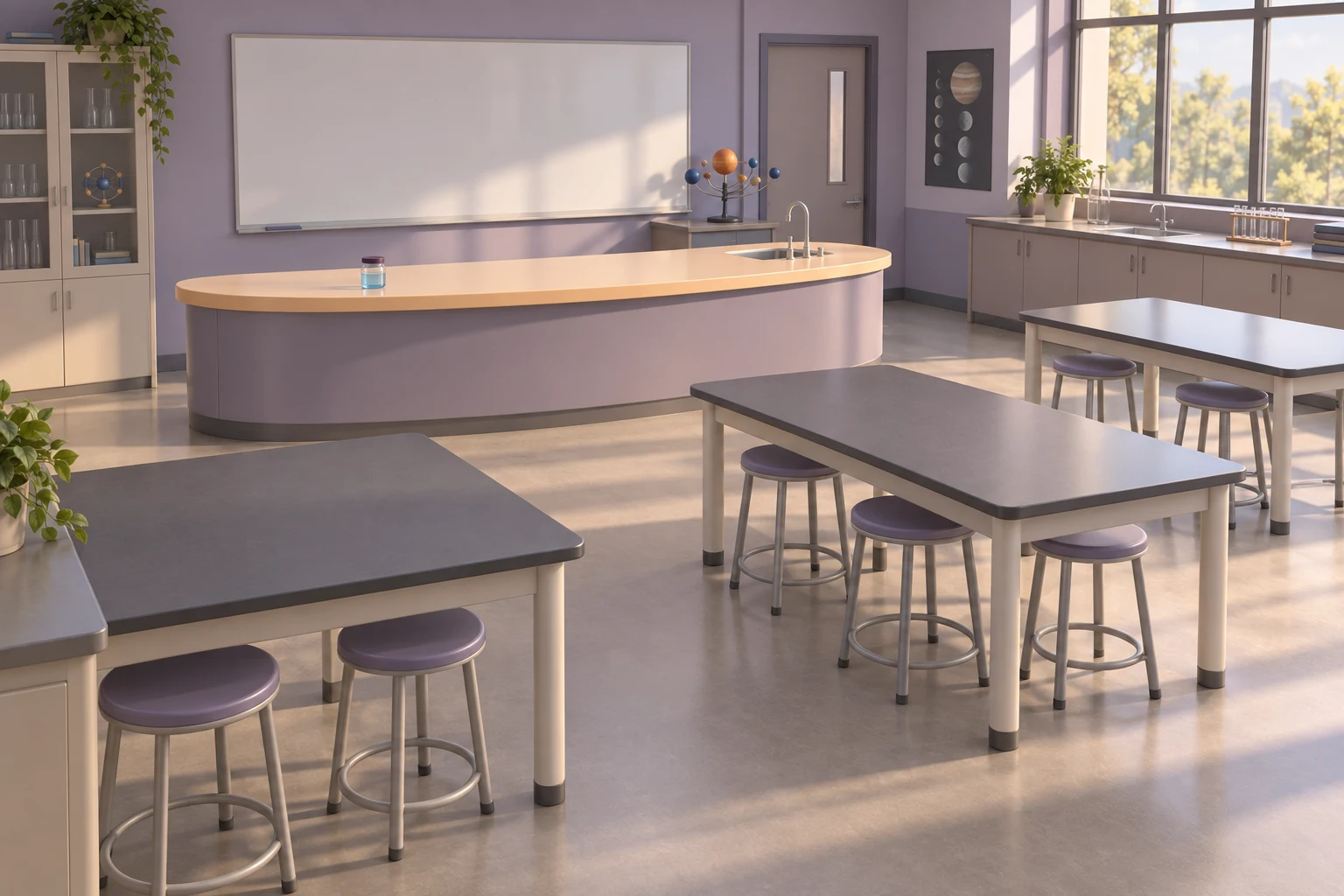 An empty lavender-toned science classroom with a small translucent jar of blue liquid on a curved apricot demonstration counter, surrounded by worktables…
