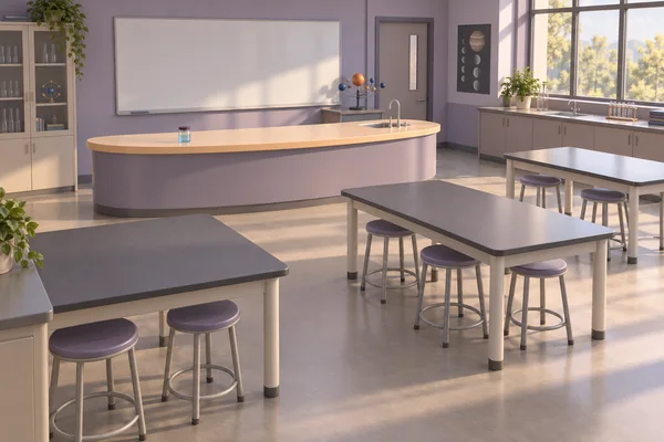 An empty lavender-toned science classroom with a small translucent jar of blue liquid on a curved apricot demonstration counter, surrounded by worktables…