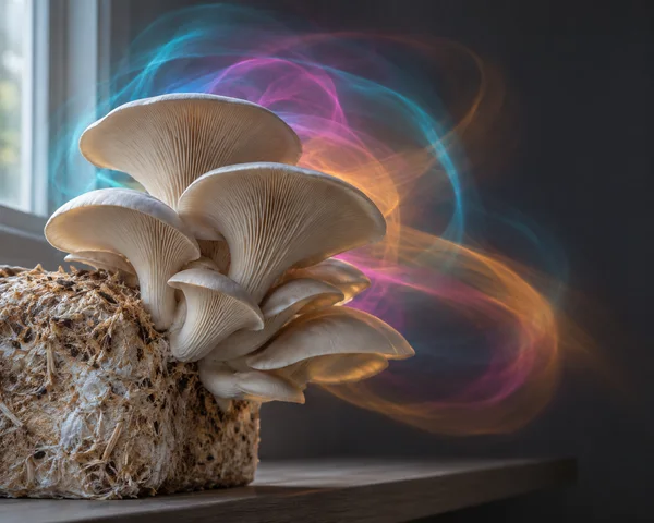 A pale oyster mushroom cluster grows from a straw substrate block on a wooden shelf beside a bright window, with flowing cyan, magenta and amber light trails…