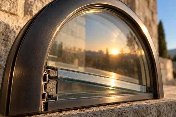 A close-up of an arched, dark-metal double-glazed window sample resting on a rough stone ledge.