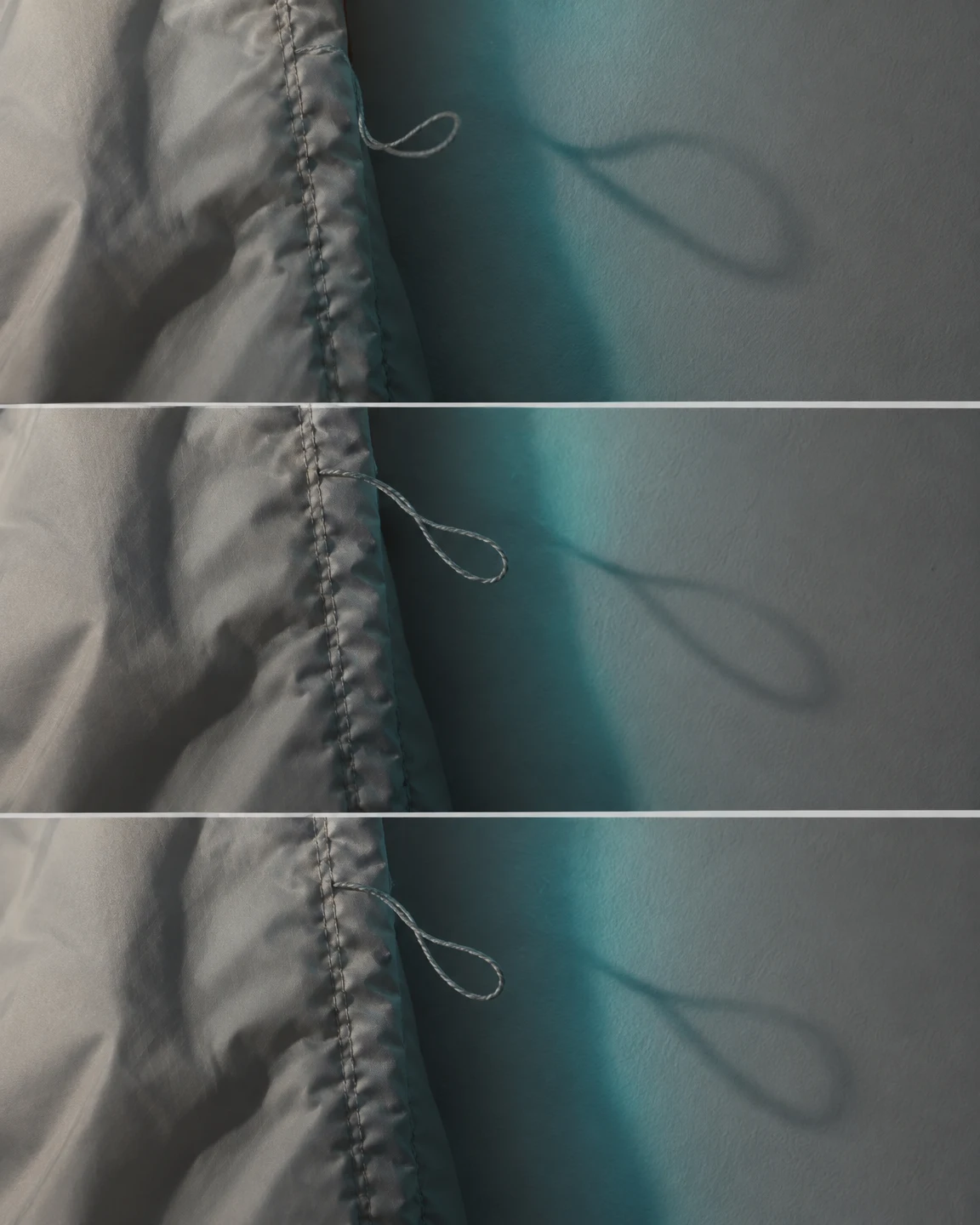 Three horizontal close-up photographs show a pale grey jacket’s stitched edge beside a textured grey wall.