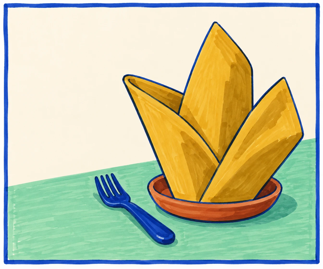 A large ochre folded napkin rises in three pointed panels from a shallow terracotta plate, with a dark-blue fork beside it on a mint-green tabletop against an…