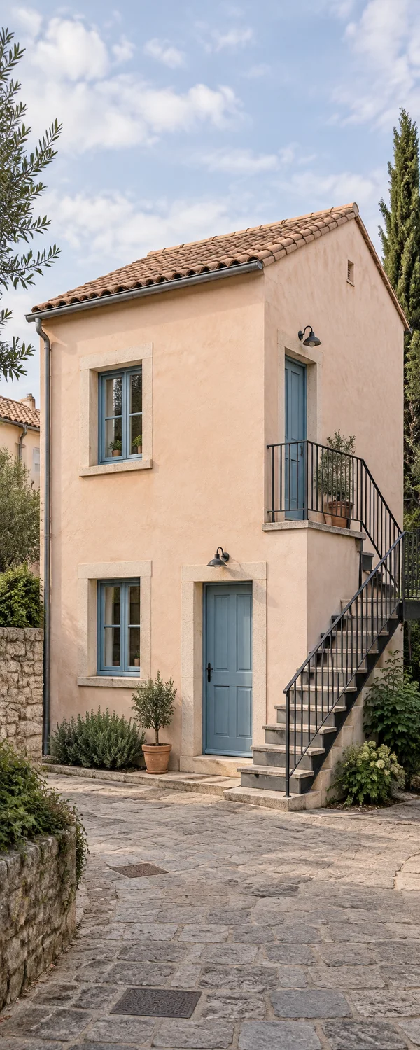 A pale apricot two-story house with blue doors and windows, viewed from a stone-paved lane.