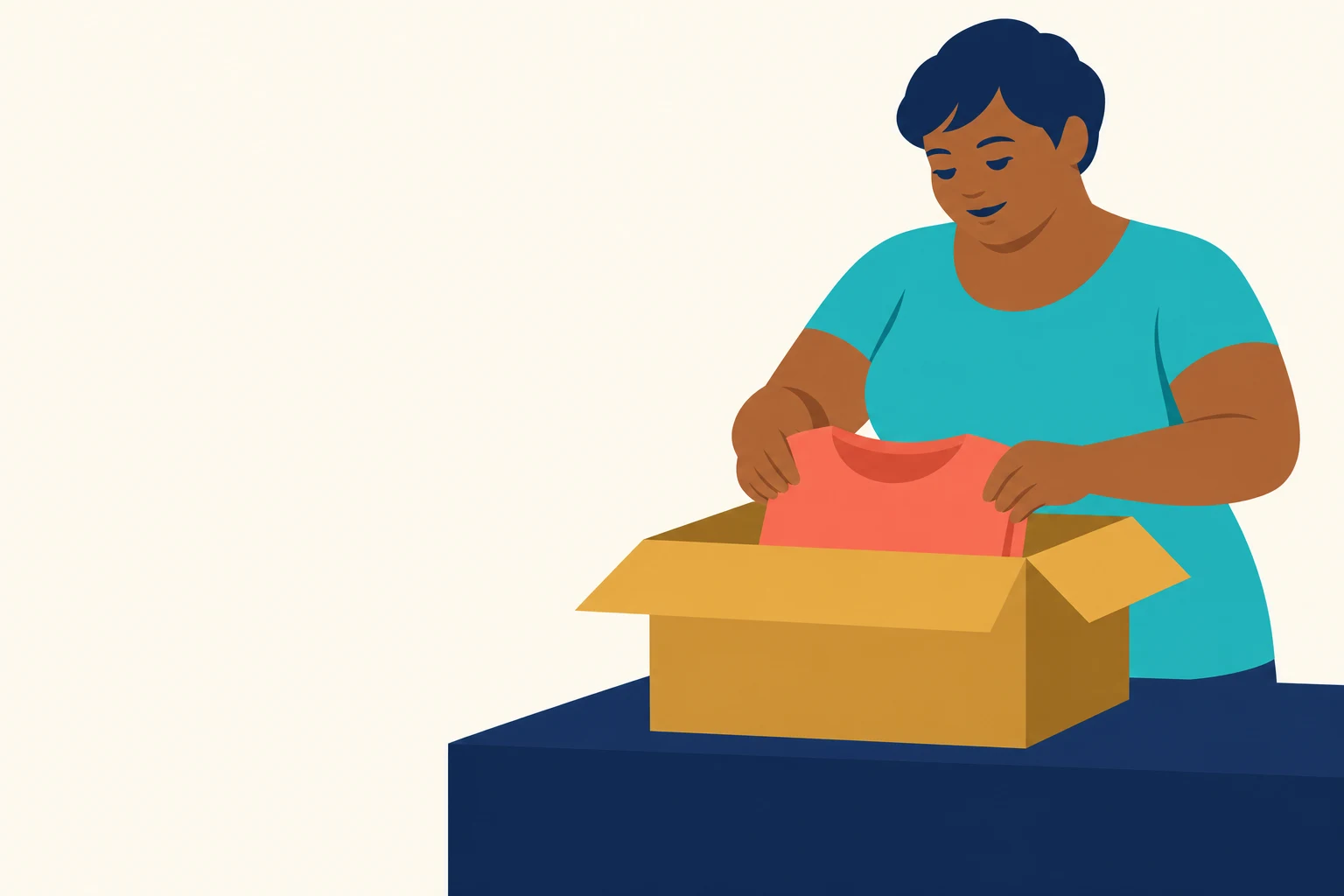 A woman with short navy hair and a turquoise top stands behind a navy counter, holding a coral shirt over an open ochre box against an ivory background with…