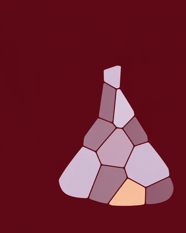 A cluster of rounded irregular mauve and pale lilac polygonal cells, with one peach cell near the base, forms a tapered shape on a deep oxblood background.