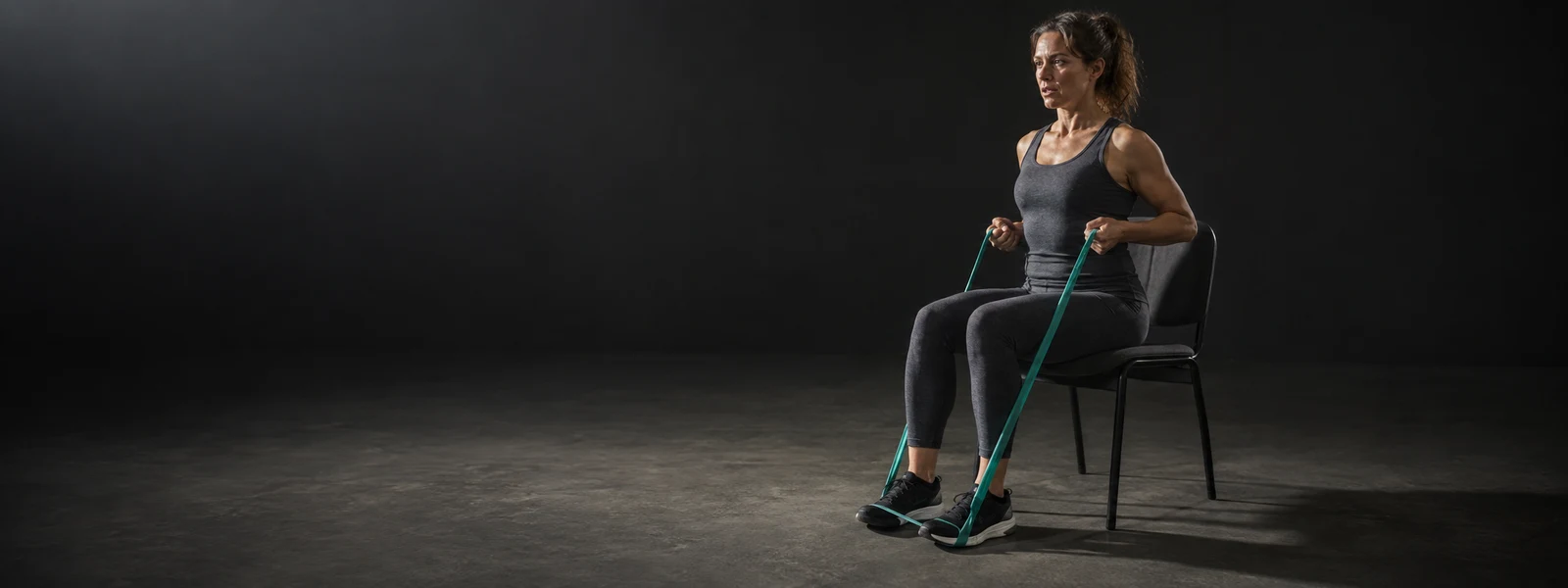 A woman in slate workout clothes sits on a black armless chair in a dark studio, holding a teal resistance band beneath her trainers as she performs a seated…