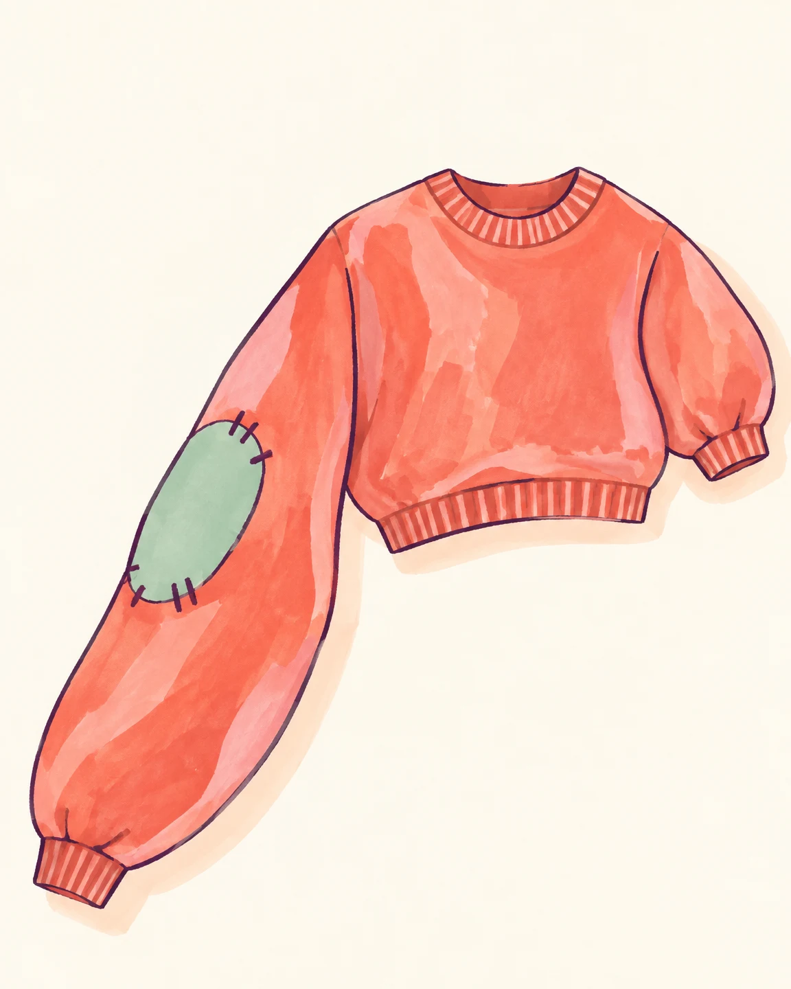 A coral hand-drawn sweater lies flat on a warm ivory background, with a short puffed sleeve to the right and an exaggerated long sleeve reaching toward the…