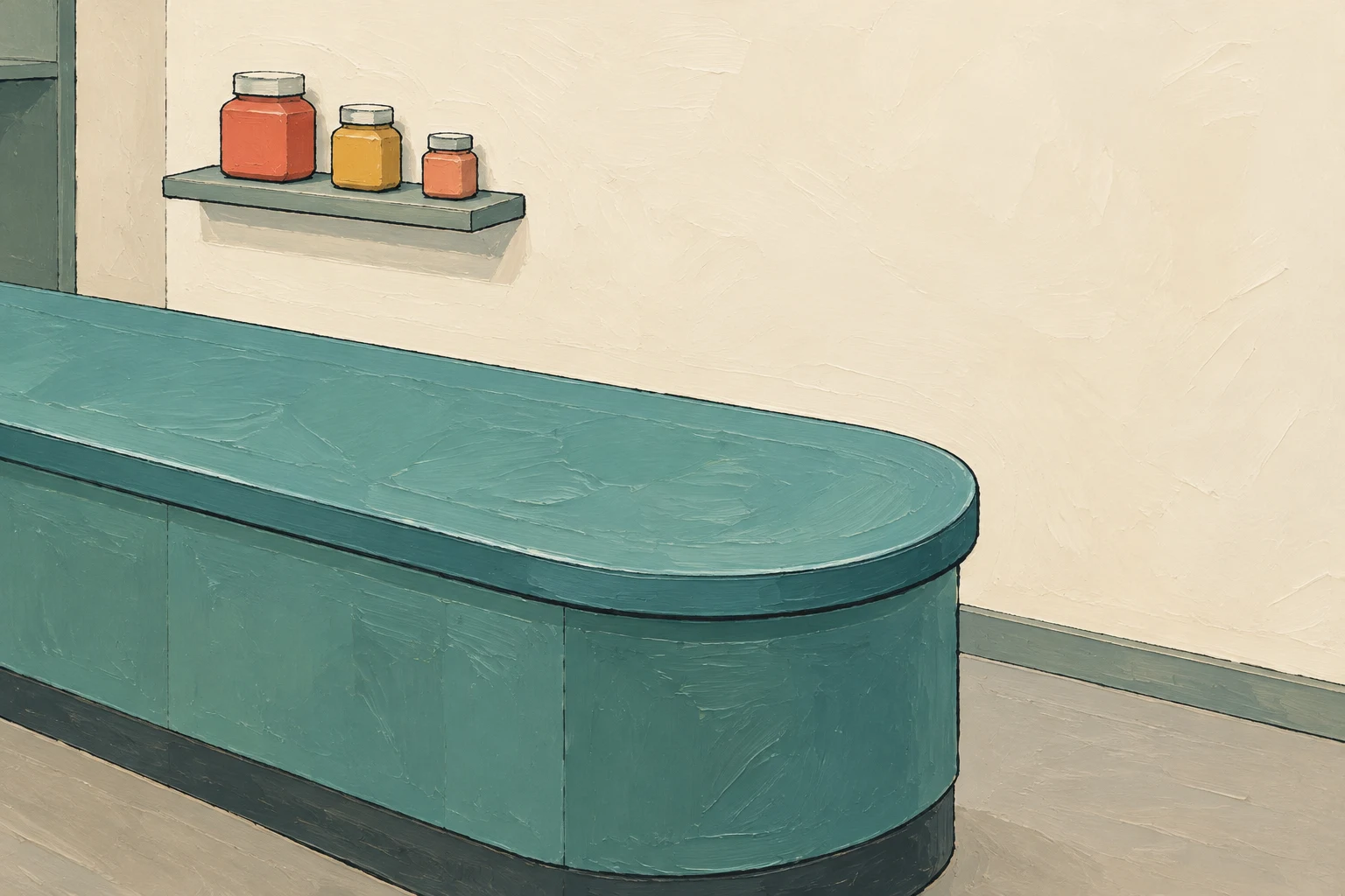 A broad teal pharmacy counter with a rounded end fills the lower foreground.