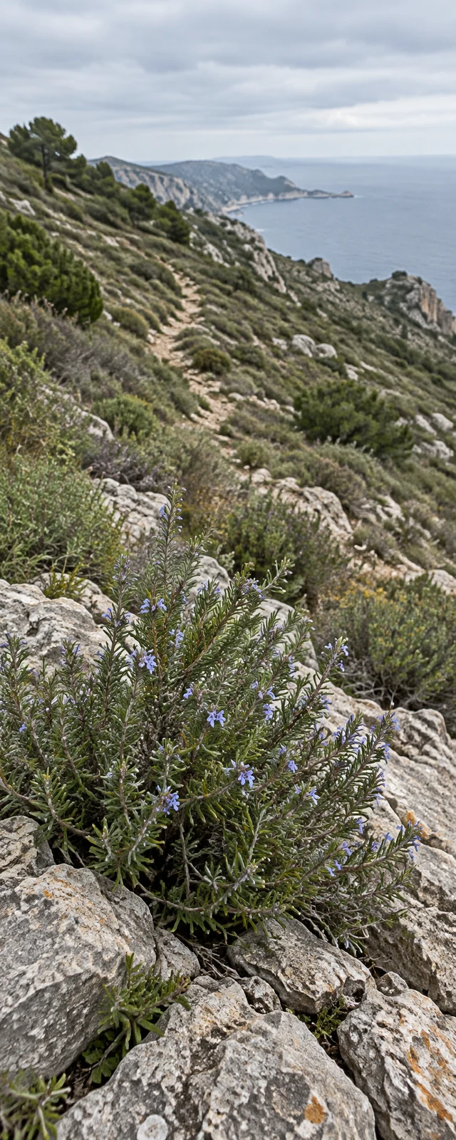 A flowering grey-green shrub grows among pale limestone rocks in the foreground of a scrub-covered Mediterranean slope, with a narrow rocky path leading toward…
