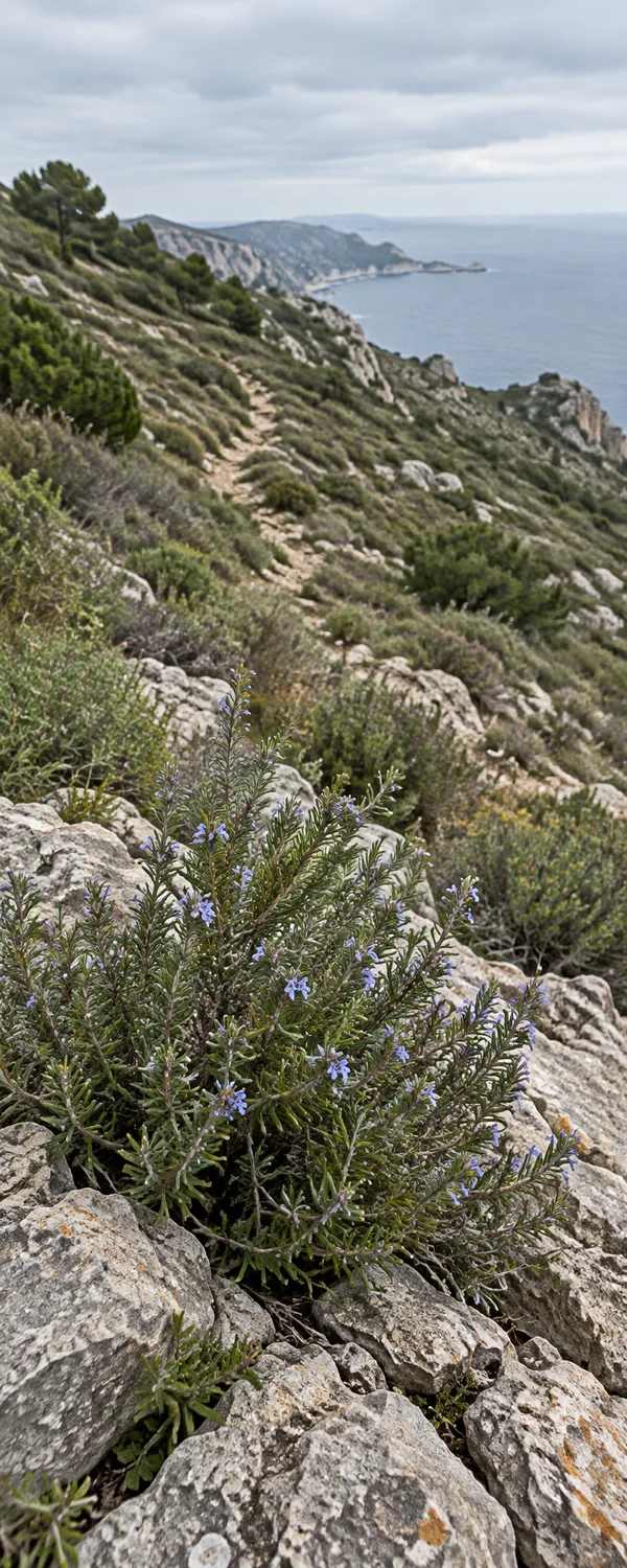 A flowering grey-green shrub grows among pale limestone rocks in the foreground of a scrub-covered Mediterranean slope, with a narrow rocky path leading toward…
