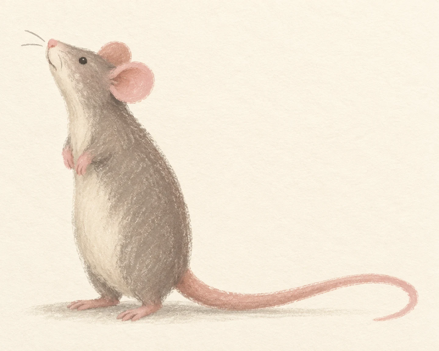 A smoky grey rat stands upright on its hind feet in left-facing profile, lifting its pink nose and whiskers; its long dusty rose tail curves across the ground…
