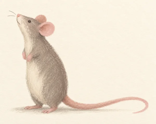 A smoky grey rat stands upright on its hind feet in left-facing profile, lifting its pink nose and whiskers; its long dusty rose tail curves across the ground…