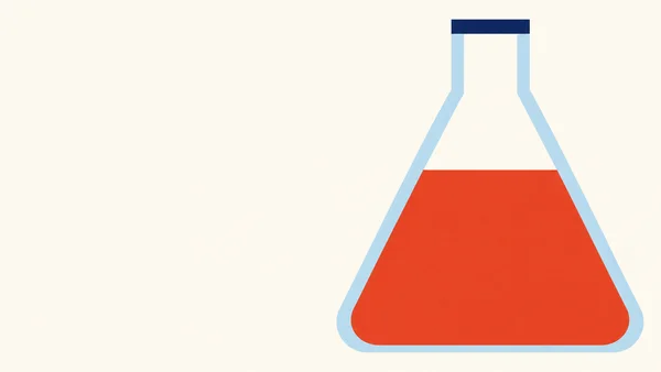 A large pale-blue Erlenmeyer flask stands on the right against a warm ivory background, with a navy rectangular mouth and a flat horizontal surface of…
