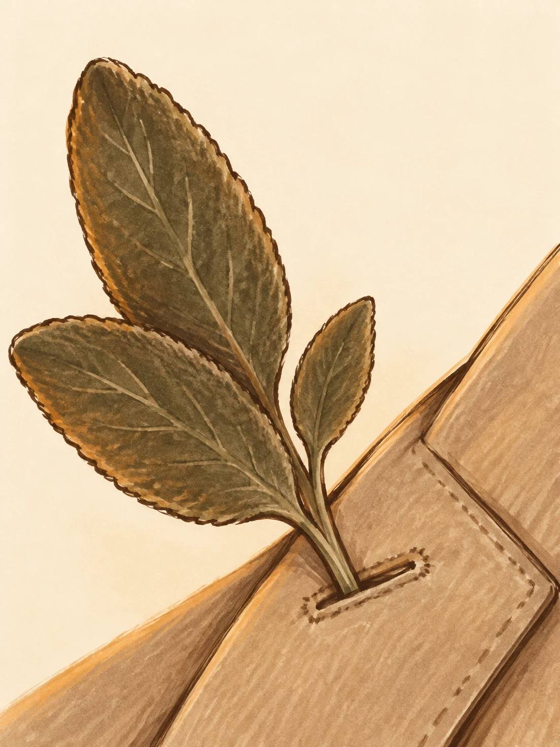 A hand-drawn illustration of a sage sprig tucked through a stitched slit in a tan jacket lapel, against a warm cream background.