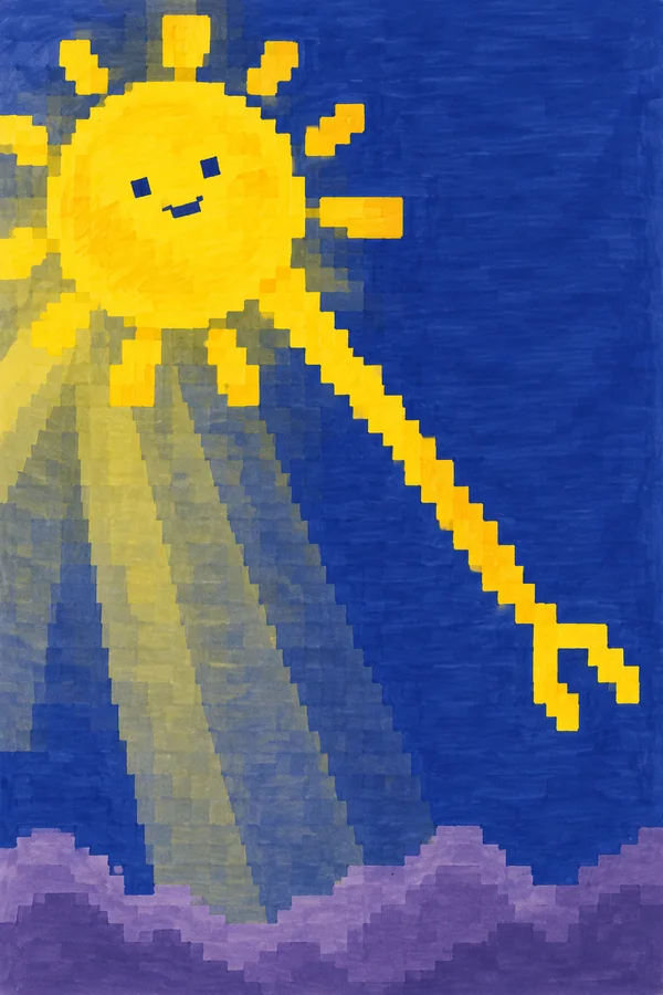 A large yellow pixelated sun with tiny indigo eyes and a short smile sits partly beyond the upper-left edge.