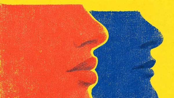 A grainy lithographic-style abstract graphic shows oversized coral and ultramarine facial profiles facing one another across a narrow citron-yellow gap, with a…