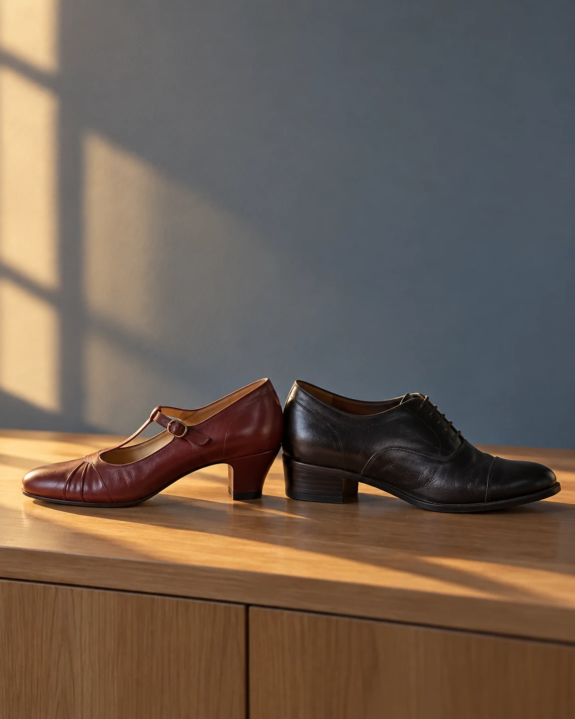 A burgundy Mary Jane-style leather shoe and a black leather oxford rest heel to heel on a maple-toned shelf, their toes pointing in opposite directions.