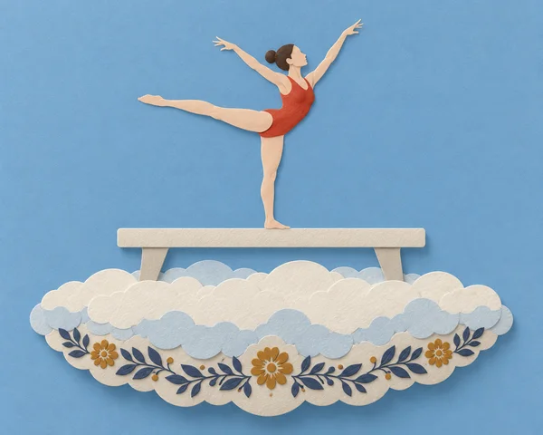 A paper-cut style gymnast in a red leotard balances on a cream beam above a layered ivory-and-blue cloud island decorated with navy leaves and ochre flowers…