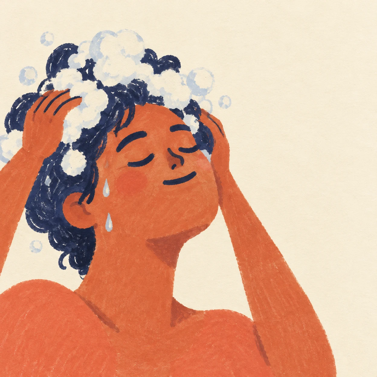 A close-up marker illustration of a person washing their dark indigo hair, eyes closed and hands at the scalp, with cream bubbles around the head against a…