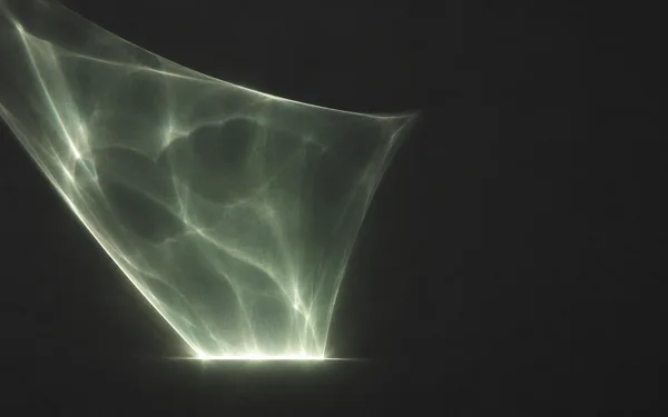 A large translucent, pale green wedge of light with fine silver-white streaks and a bright horizontal base against a dark charcoal background.
