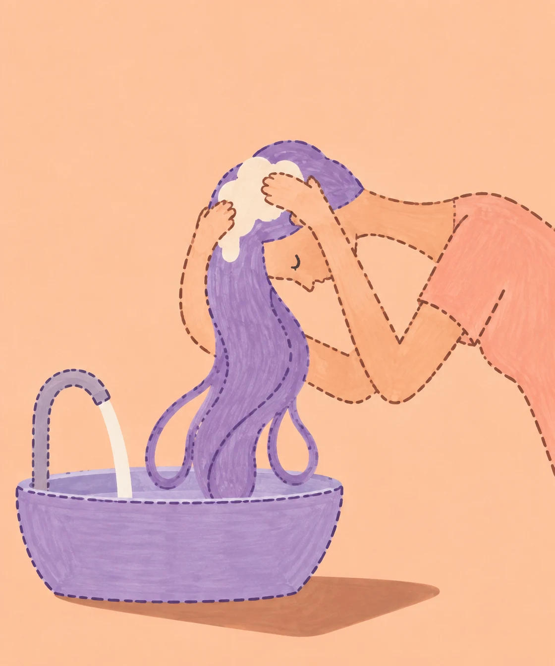 A stylized adult with long lavender hair bends over a lavender washbasin, massaging a pale patch of foam on the scalp with both hands.