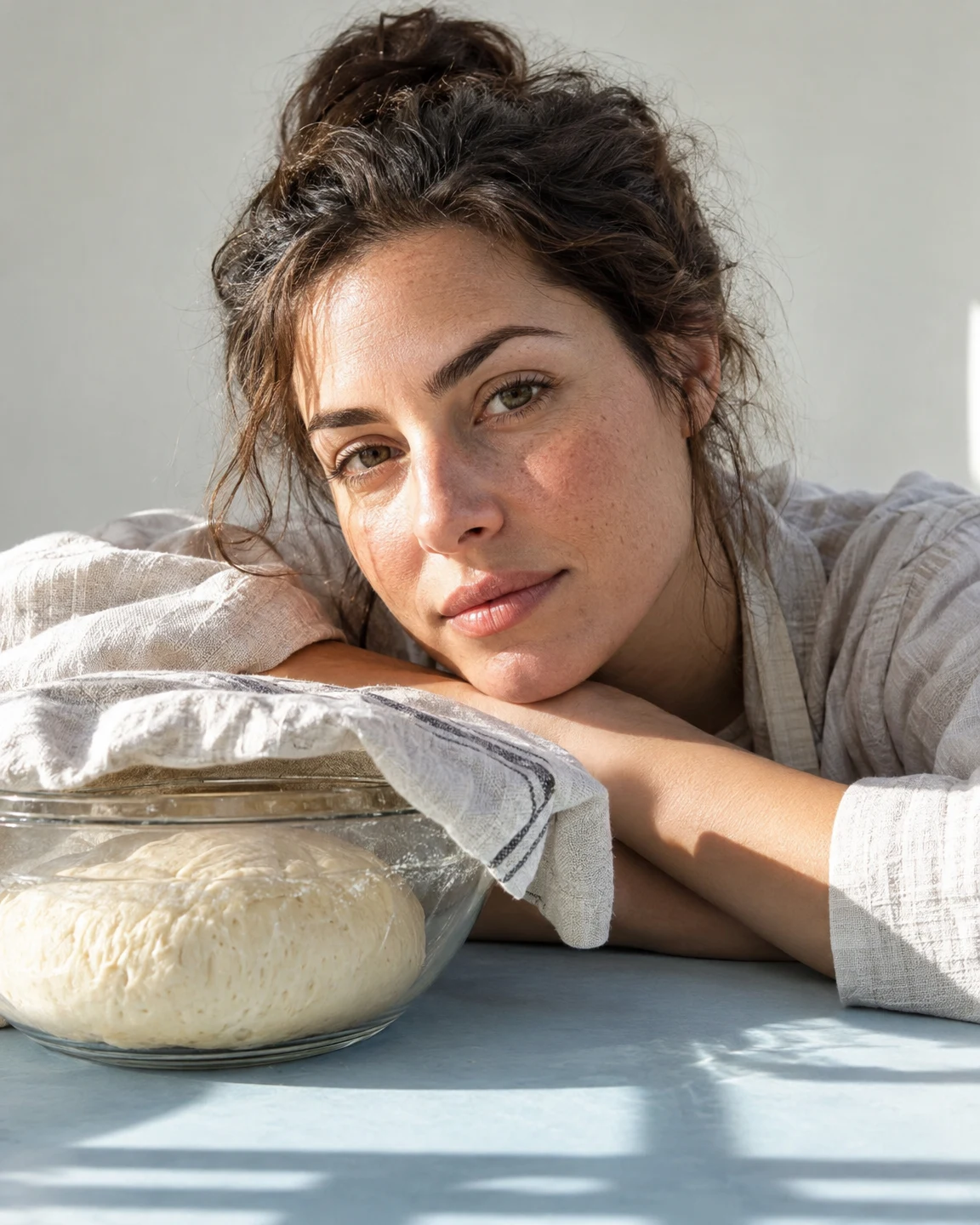 An adult woman rests her cheek on folded forearms behind a clear glass bowl of bread dough covered with a loosely draped linen cloth on a pale blue counter.