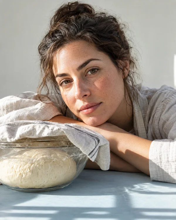 An adult woman rests her cheek on folded forearms behind a clear glass bowl of bread dough covered with a loosely draped linen cloth on a pale blue counter.