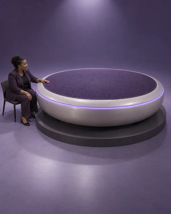A seated woman in a dark purple suit speaks toward an oversized circular speakerphone with a purple mesh grille and glowing violet rim, resting one hand on its…