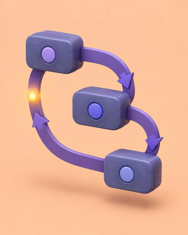 Three rounded violet blocks with circular indicators form a floating loop on a warm apricot background.