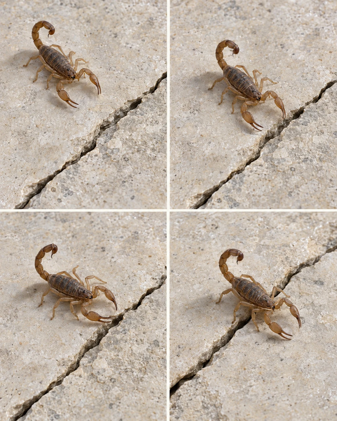 A small brown scorpion appears in four overhead views on pale cracked limestone, shifting position toward and across the diagonal crack.