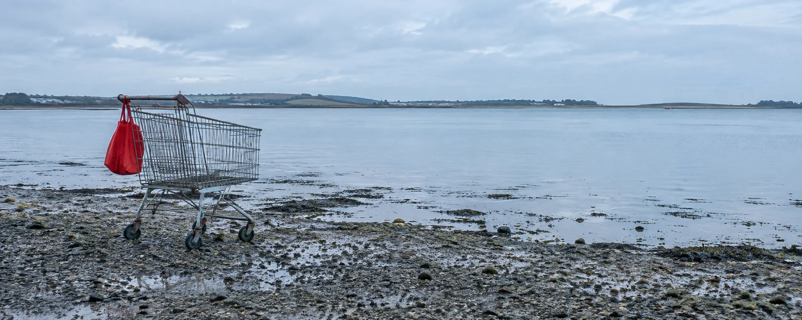 A weathered metal grocery trolley with a scarlet reusable bag hanging from its handle stands on a wet, pebbly estuary shore.