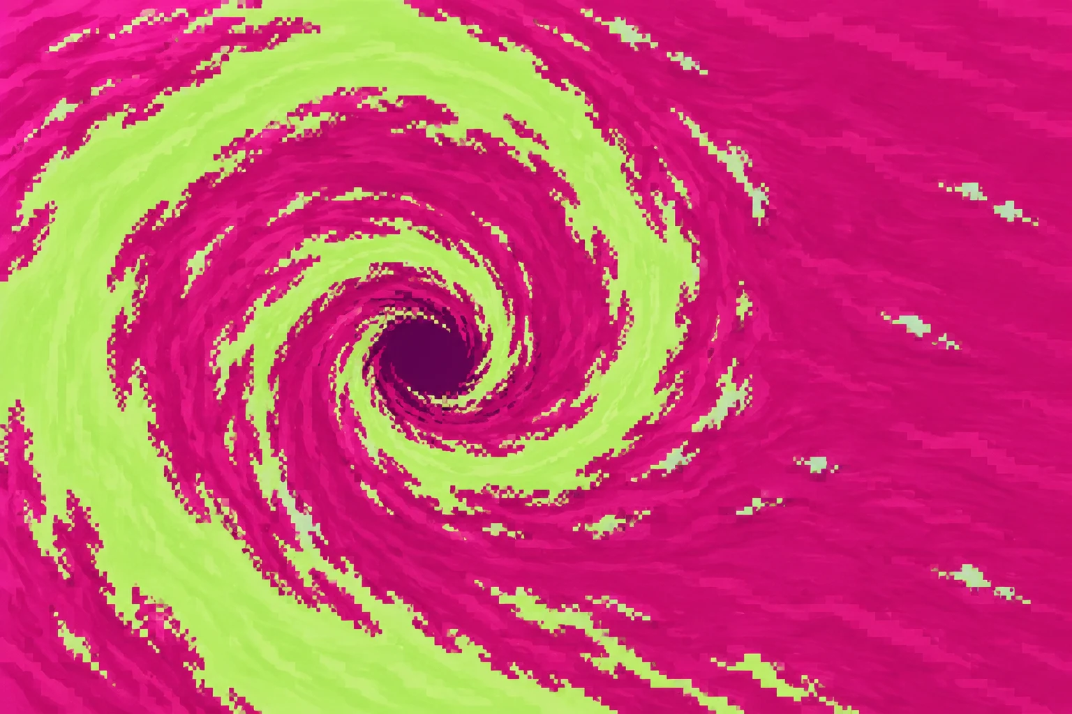 A large lime-green foamy whirlpool spirals inward across the left side of a fuchsia ocean, ending in a deep plum hollow; a few isolated foam flecks dot the…