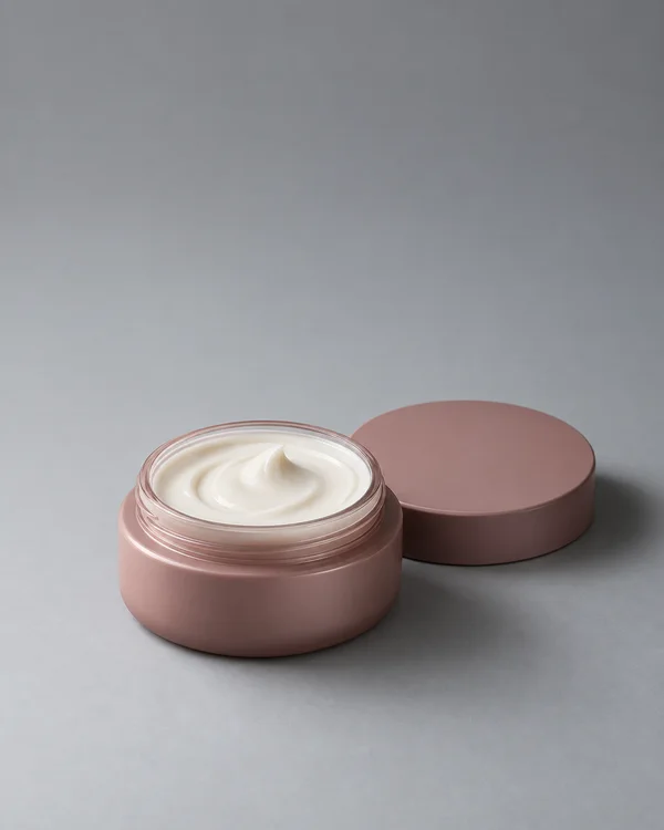 An open, low rose-colored cosmetic jar filled with ivory cream sits on a cool gray studio surface, with its matching lid behind it to the right.
