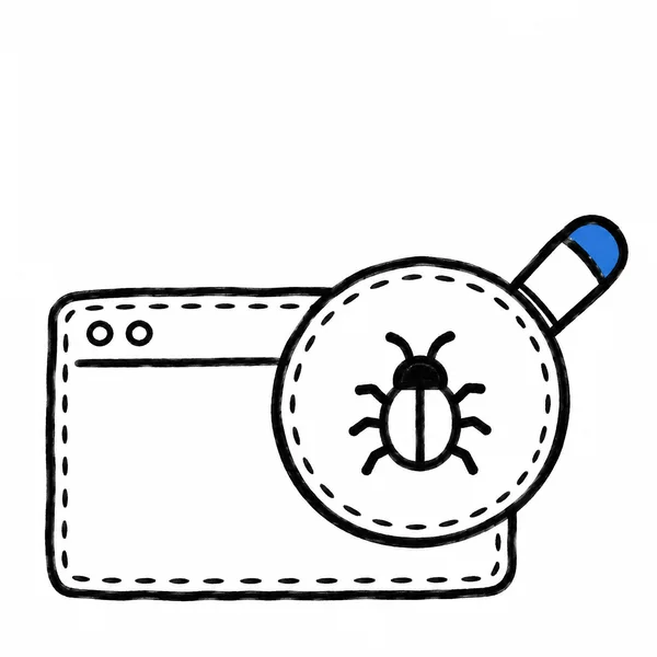 A hand-drawn software window with two circular controls sits beneath an oversized stitched magnifying glass.