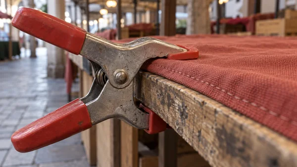 A large steel spring clamp with red handles secures rust-red canvas to the edge of a worn wooden market stall counter, with a softly blurred covered arcade…
