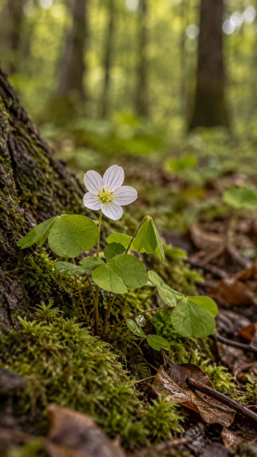 A white five-petalled flower with fine lilac veins rises above bright green trifoliate leaves on a mossy woodland floor beside a dark tree root, with softly…