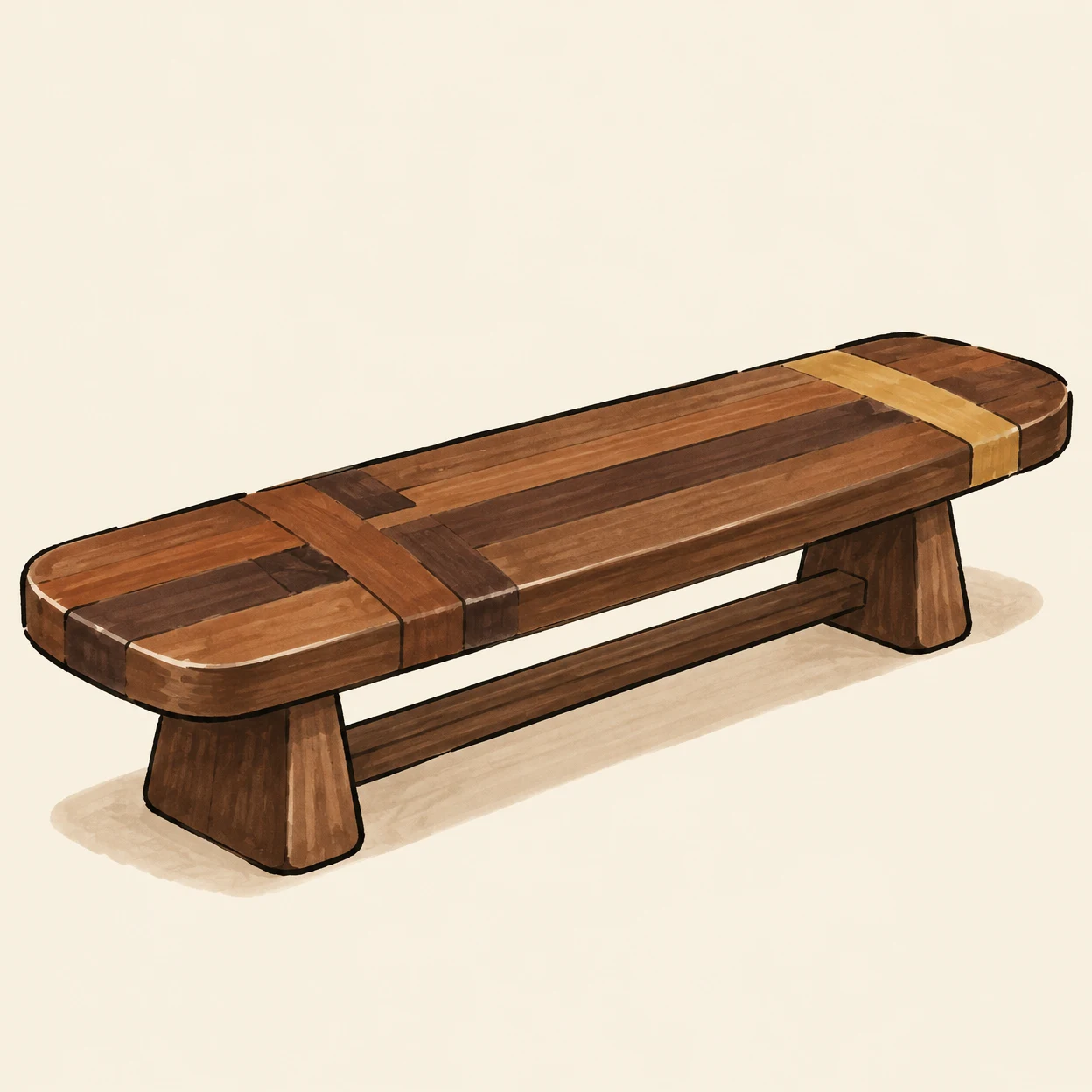 A very long, rounded wooden tabletop with two chunky trestle supports and a low connecting stretcher, shown diagonally against a pale background with a soft…