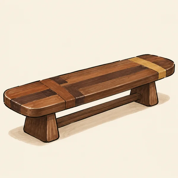 A very long, rounded wooden tabletop with two chunky trestle supports and a low connecting stretcher, shown diagonally against a pale background with a soft…