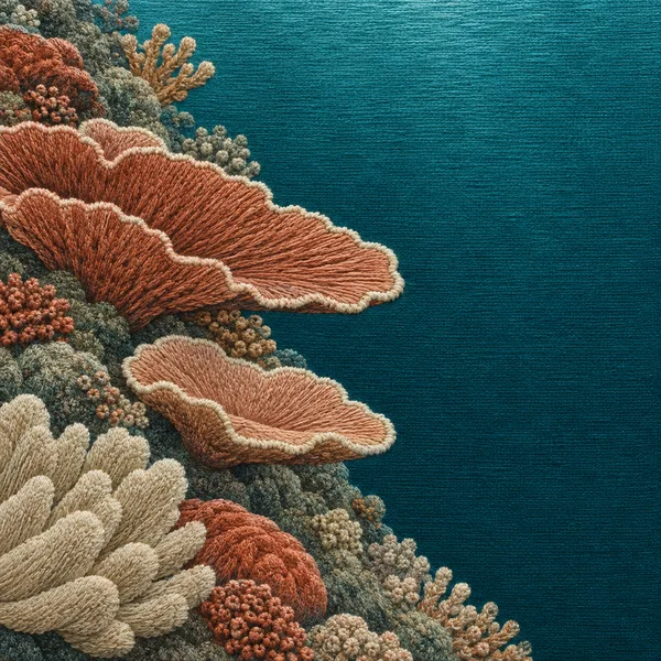 Embroidered-look coral reef wall slopes down the left side, with layered terracotta and peach plate corals, ivory lobes, and textured teal water filling the…