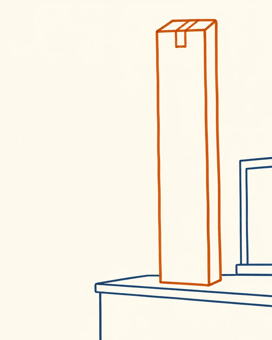 A very tall, narrow cardboard parcel outlined in burnt orange stands upright on a dark-blue counter, with a partial service-hatch outline at the right against…