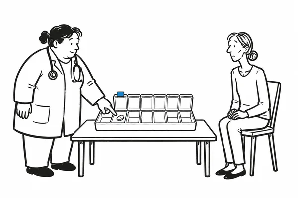 A healthcare professional in a white coat and stethoscope points to an open pill organizer on a low table while a seated caregiver watches with hands together…