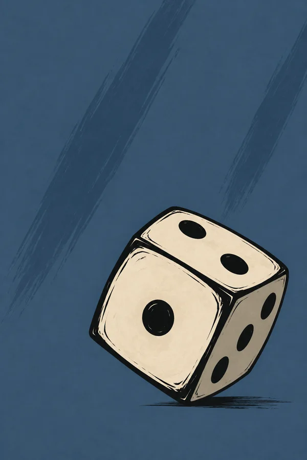 An oversized ivory die balances on a lower corner in the lower-right of a portrait illustration, showing one, two and three black pips on its three visible…
