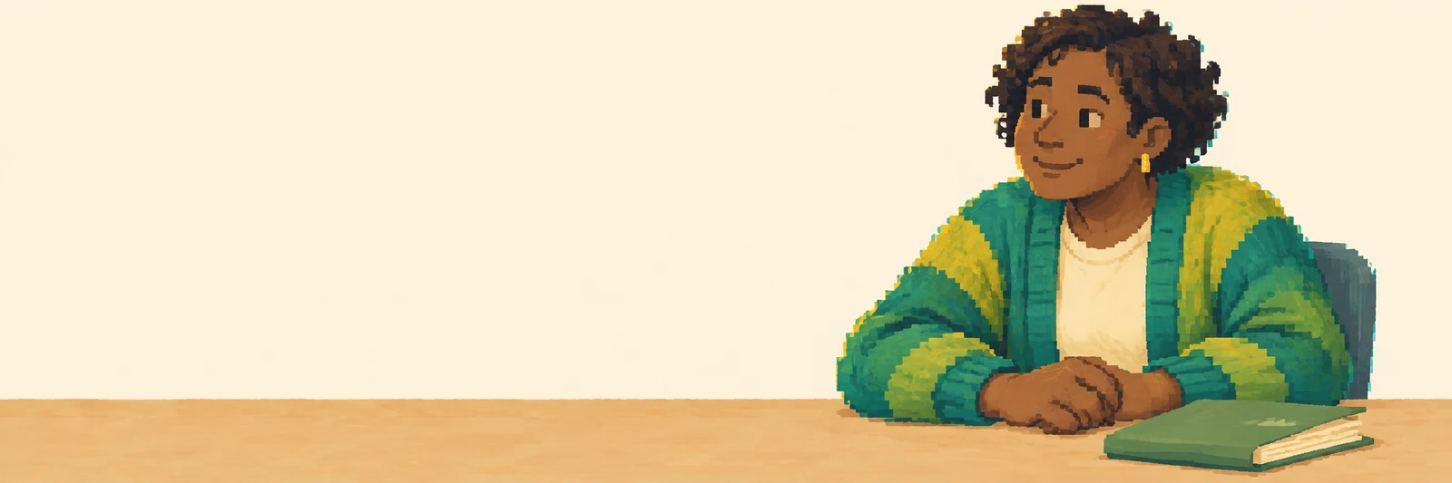 A pixel-style portrait of a person with short dark curls in a green and yellow cardigan, seated behind a desk with hands together beside a closed green folder…