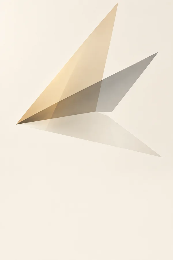 Minimal abstract composition of translucent amber, smoke-grey and nearly colourless angular planes extending from a shared point across a warm pearl-white…