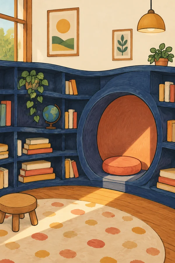 A dark indigo curved bookcase fills most of a warm, sunlit reading corner, with a large rounded alcove and coral cushion at its centre-right.