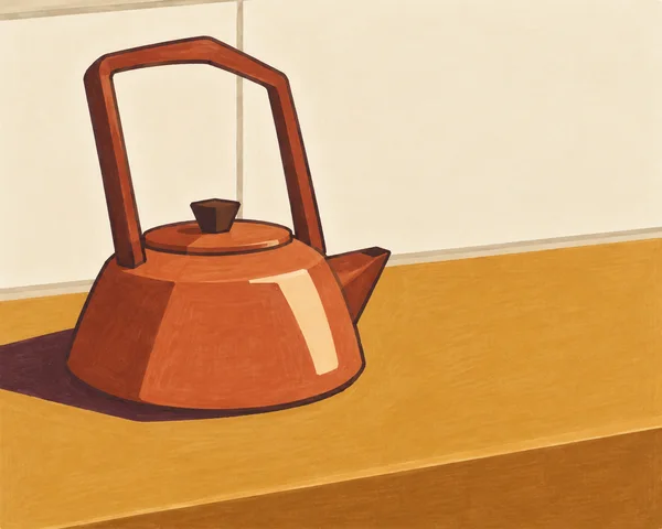 A squat terracotta kettle with a tall angular loop handle and short triangular spout sits on an ochre countertop against a cream paneled wall, with a plum…