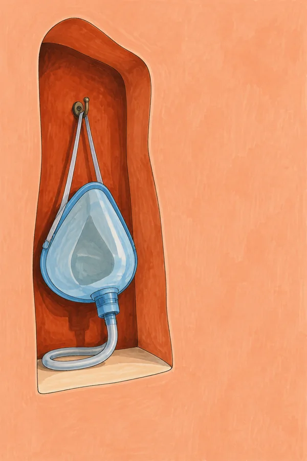 A pale-blue oxygen mask hangs from a small hook inside a tall, irregular terracotta niche set in a peach wall.