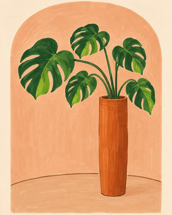 A monstera with five broad, split green leaves grows in a tall burnt-orange planter inside a peach arched alcove, above a curved floor line.