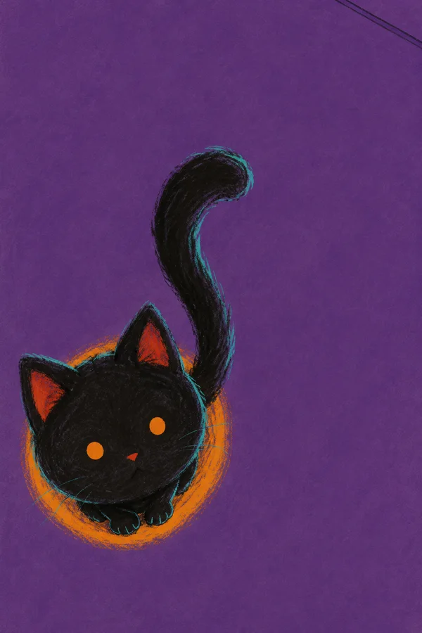 A charcoal-black kitten with red inner ears and orange eyes looks up from a saturated purple floor.